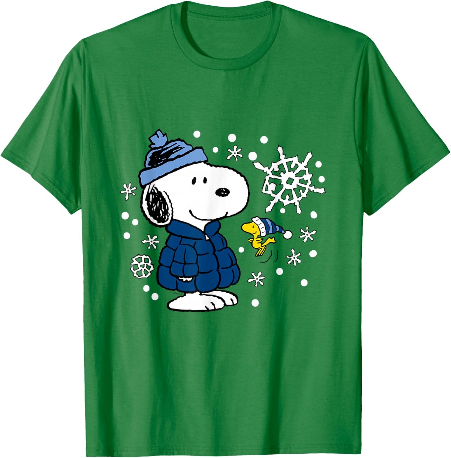 Peanuts - Snoopy Woodstock Cozy Winter Snowflakes T-Shirt - T-Shirt | Irish Green