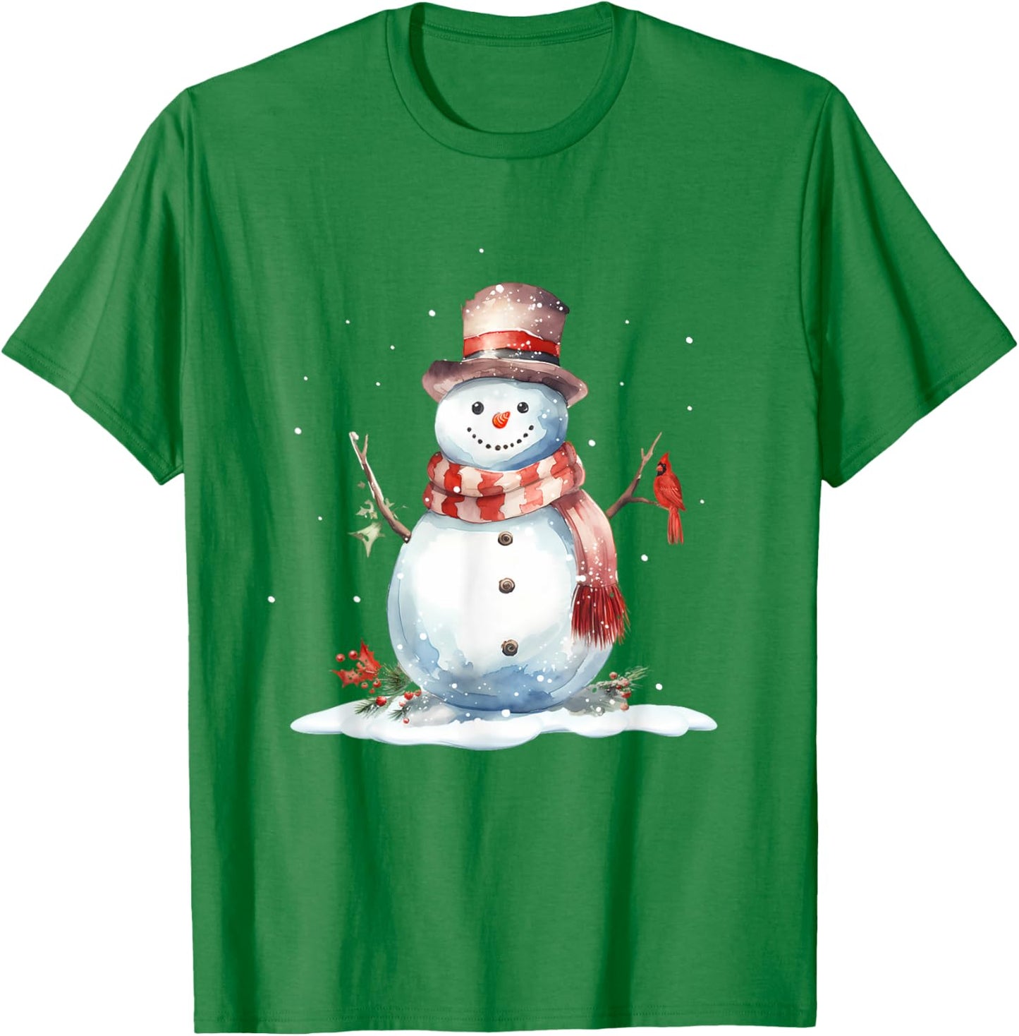 Cardinal Bird on Cute Winter Christmas Snowman, watercolor T-Shirt - T-Shirt | Irish Green
