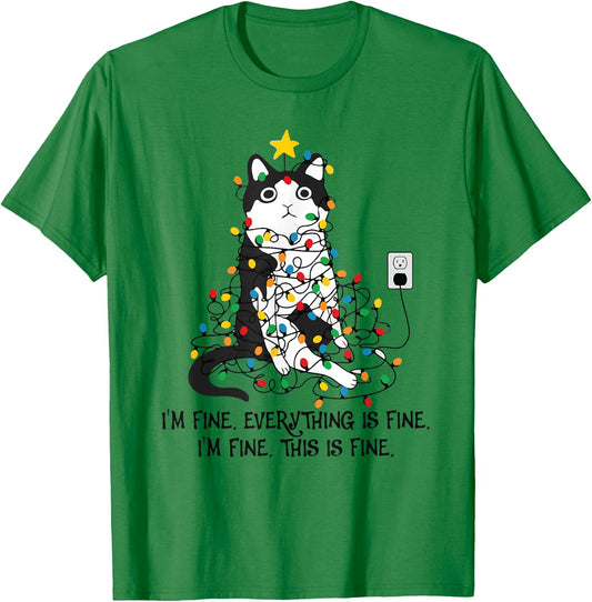I'm Fine This Is Fine Everything Is Fine Black Cat Christmas T-Shirt - T-Shirt | Irish Green