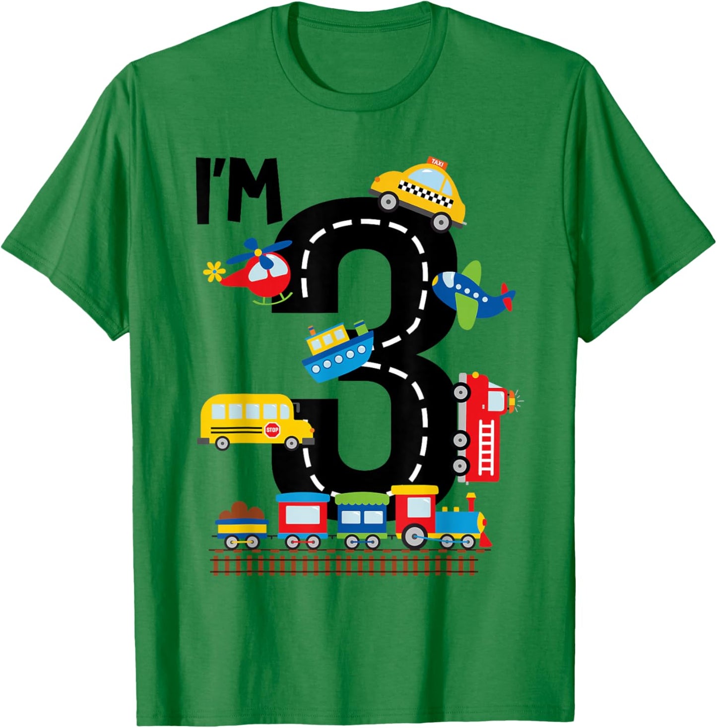 I'm 3 Years Old Birthday Boys Kids Transportation Vehicles T-Shirt - T-Shirt | Irish Green