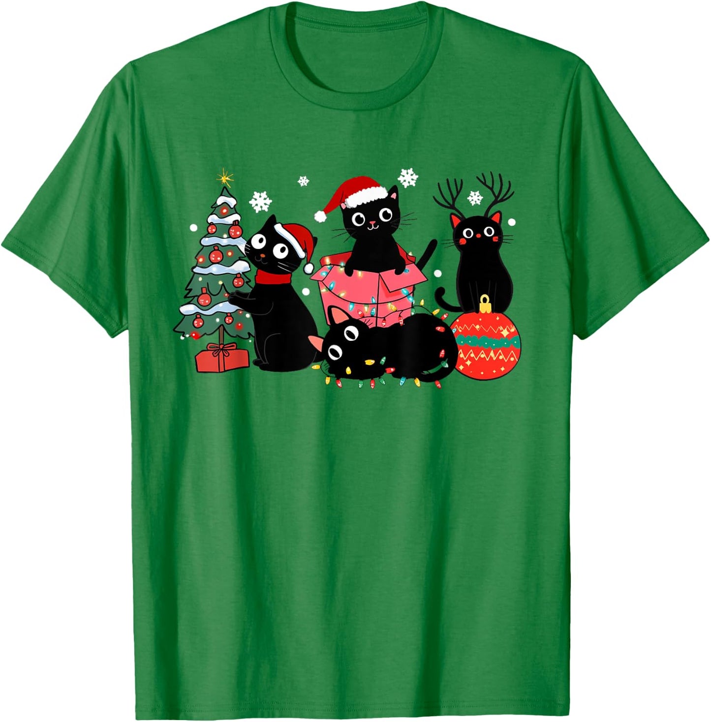 Meowy Christmas Black Cats Play Christmas Tree Lights Cats T-Shirt - T-Shirt | Irish Green