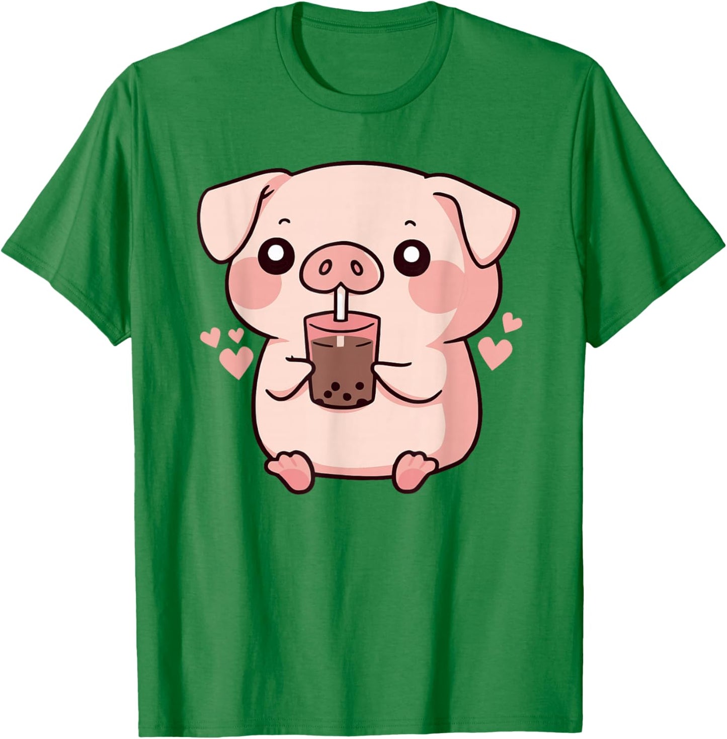Cute Kawaii Cartoon Pig Drinking Bubble Tea T-Shirt - T-Shirt | Irish Green