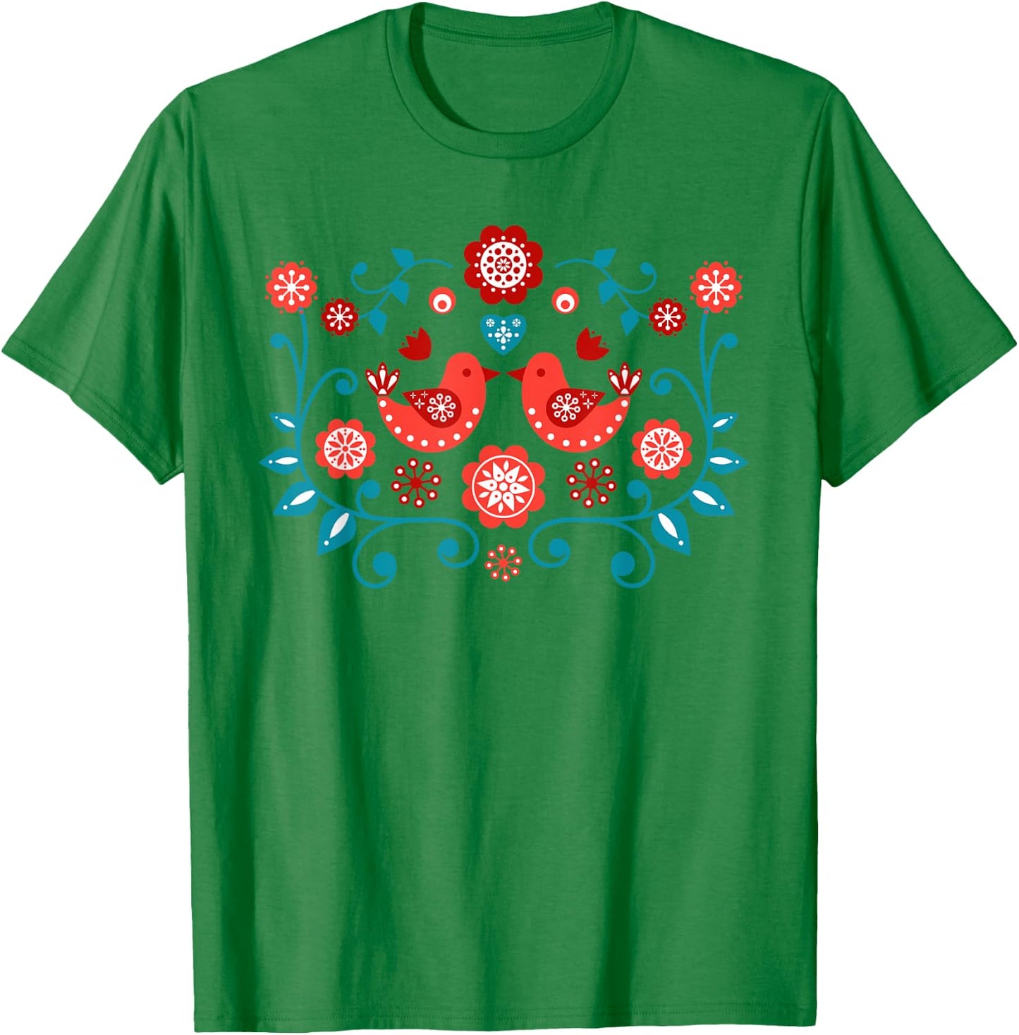 Scandinavian Folk Art Bird Pattern Shirt T-Shirt - T-Shirt | Irish Green