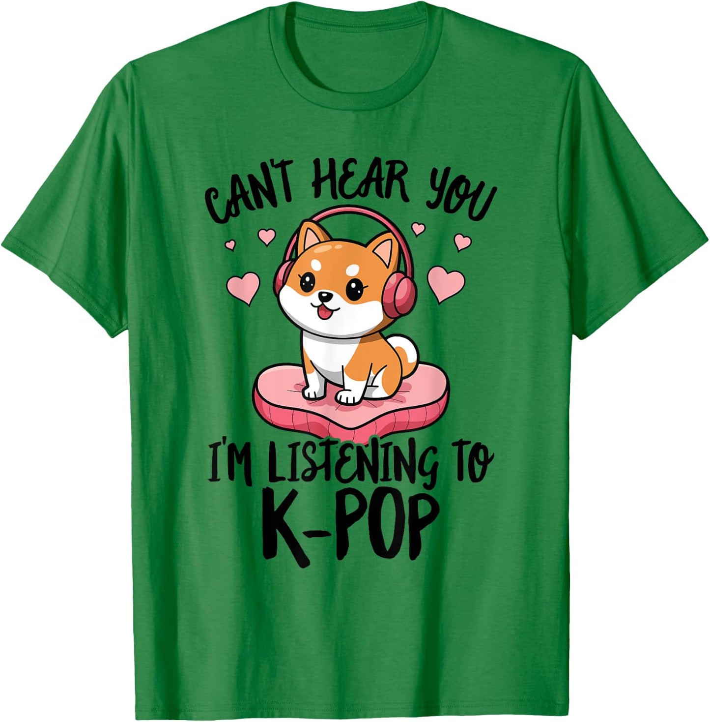 Cute Shiba Inu Dog Headphones K-Pop Music Lover Heart Kawaii T-Shirt - T-Shirt | Irish Green