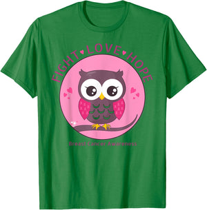 Pink Cute Owl Hearts Fight,Love,Hope Breast Cancer Awareness T-Shirt - T-Shirt | Irish Green