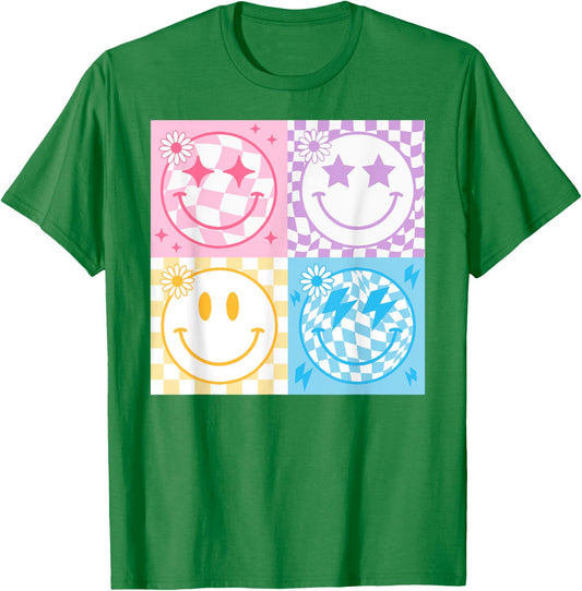 Happy Face Smile Checkered Pattern Retro Vibes Trendy Funny T-Shirt - T-Shirt | Irish Green