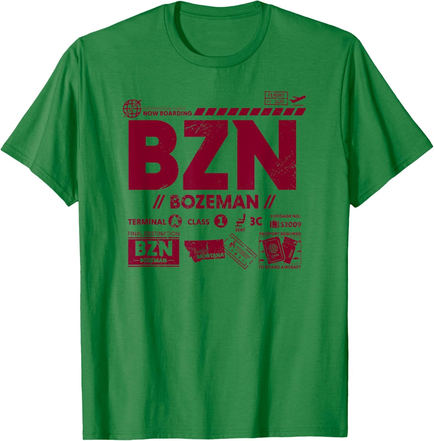 Vintage Bozeman BZN Airport Code Travel Day Retro Tag MT T-Shirt - T-Shirt | Irish Green