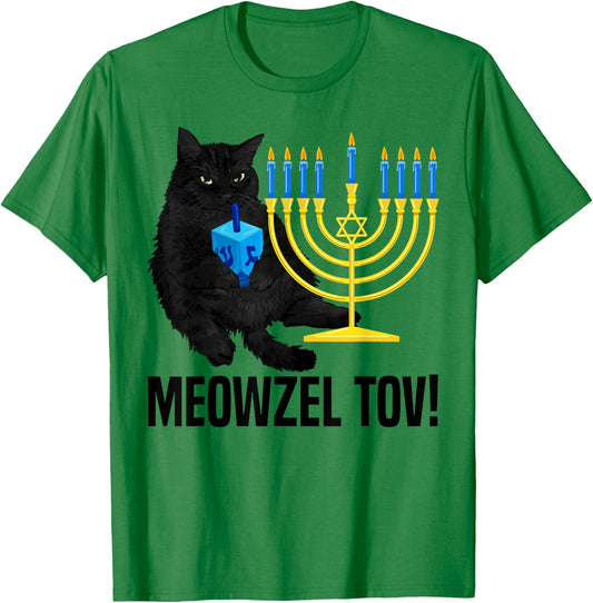 Meowzel Tov Black Cat Menorah Dreidel Hanukkah Chanukah PJS T-Shirt - T-Shirt | Irish Green