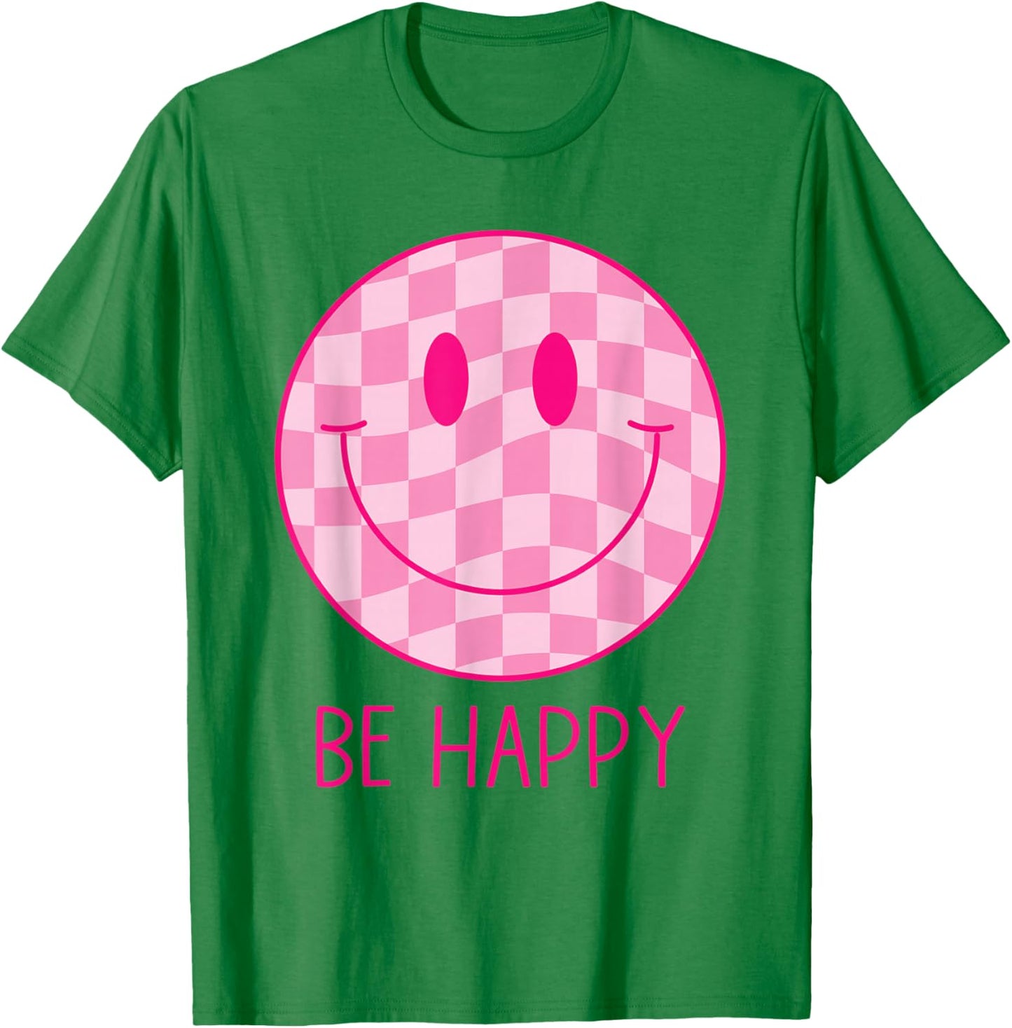 Be Happy Pink Checkered Smile Face Shirt Peace Smiling Face T-Shirt - T-Shirt | Irish Green
