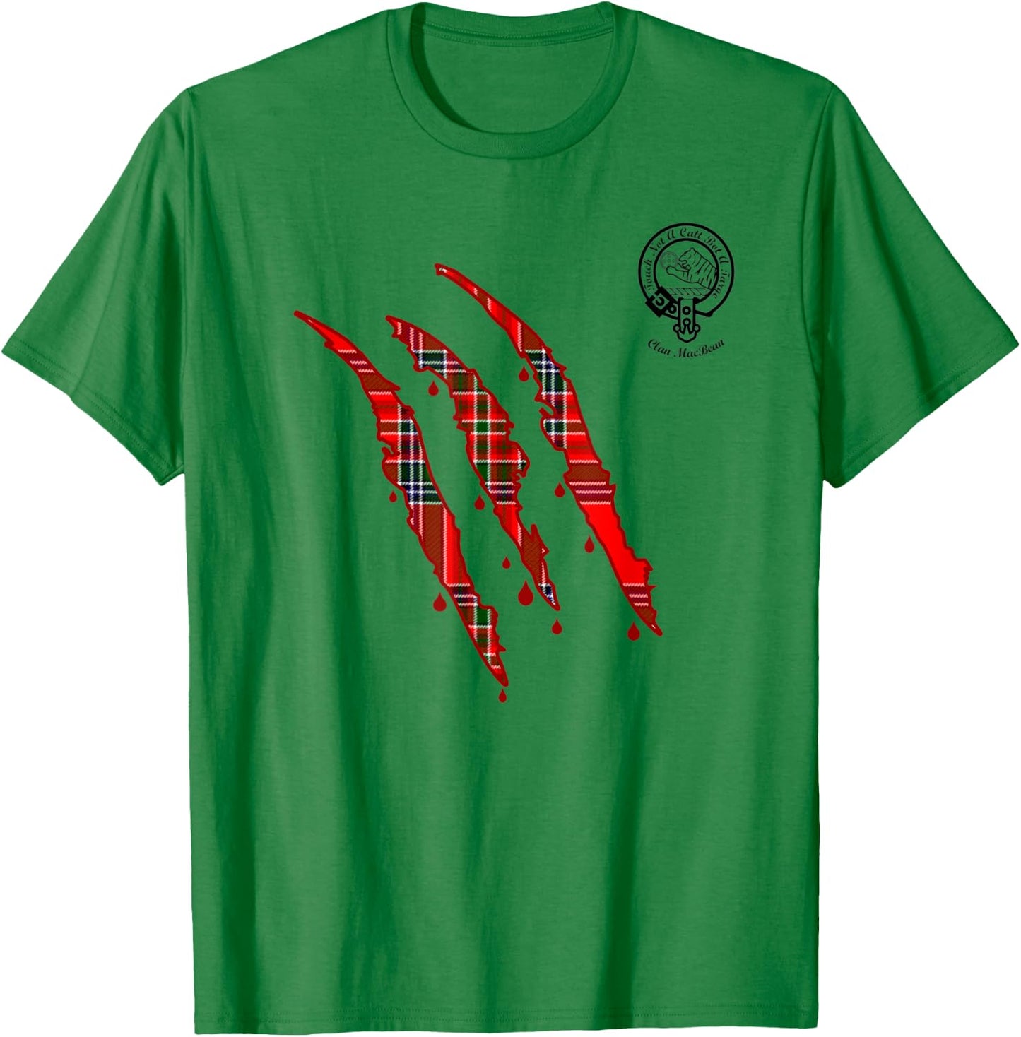 Clan MacBean Claw Marks Surname Tartan Crest T-Shirt - T-Shirt | Irish Green