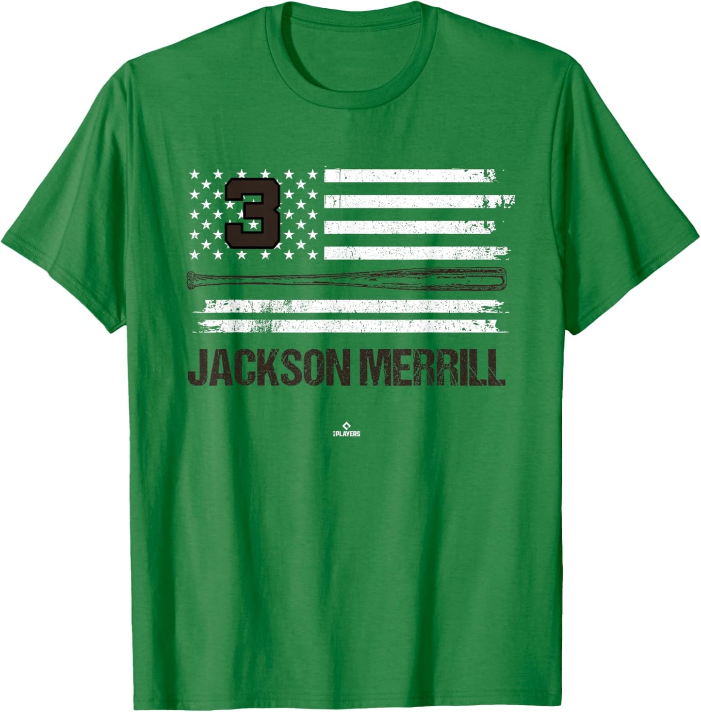 USA Flag Bat Jackson Merrill San Diego Baseball MLBPA T-Shirt - T-Shirt | Irish Green