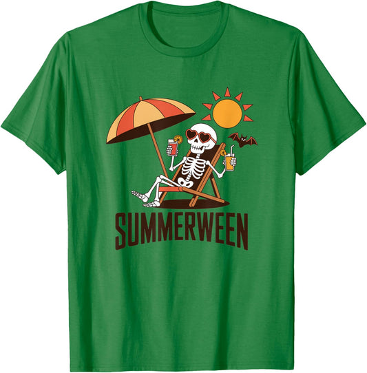Skeleton Summerween Drink Beach Halloween Summer Scary Fun T-Shirt - T-Shirt | Irish Green