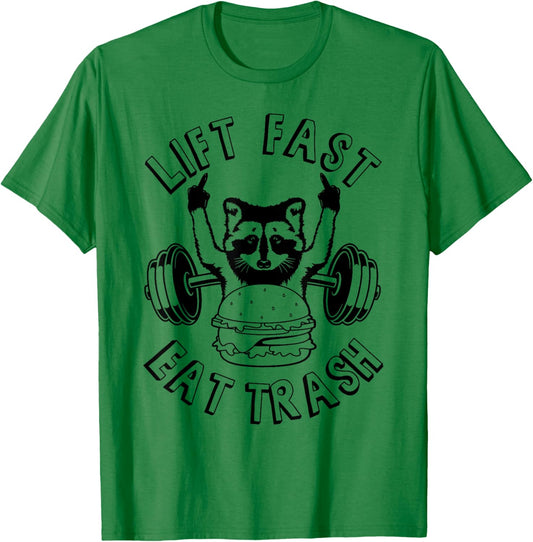 Lift Fast Eat Trash Racoon Gym and Fitness T-Shirt - T-Shirt | Irish Green