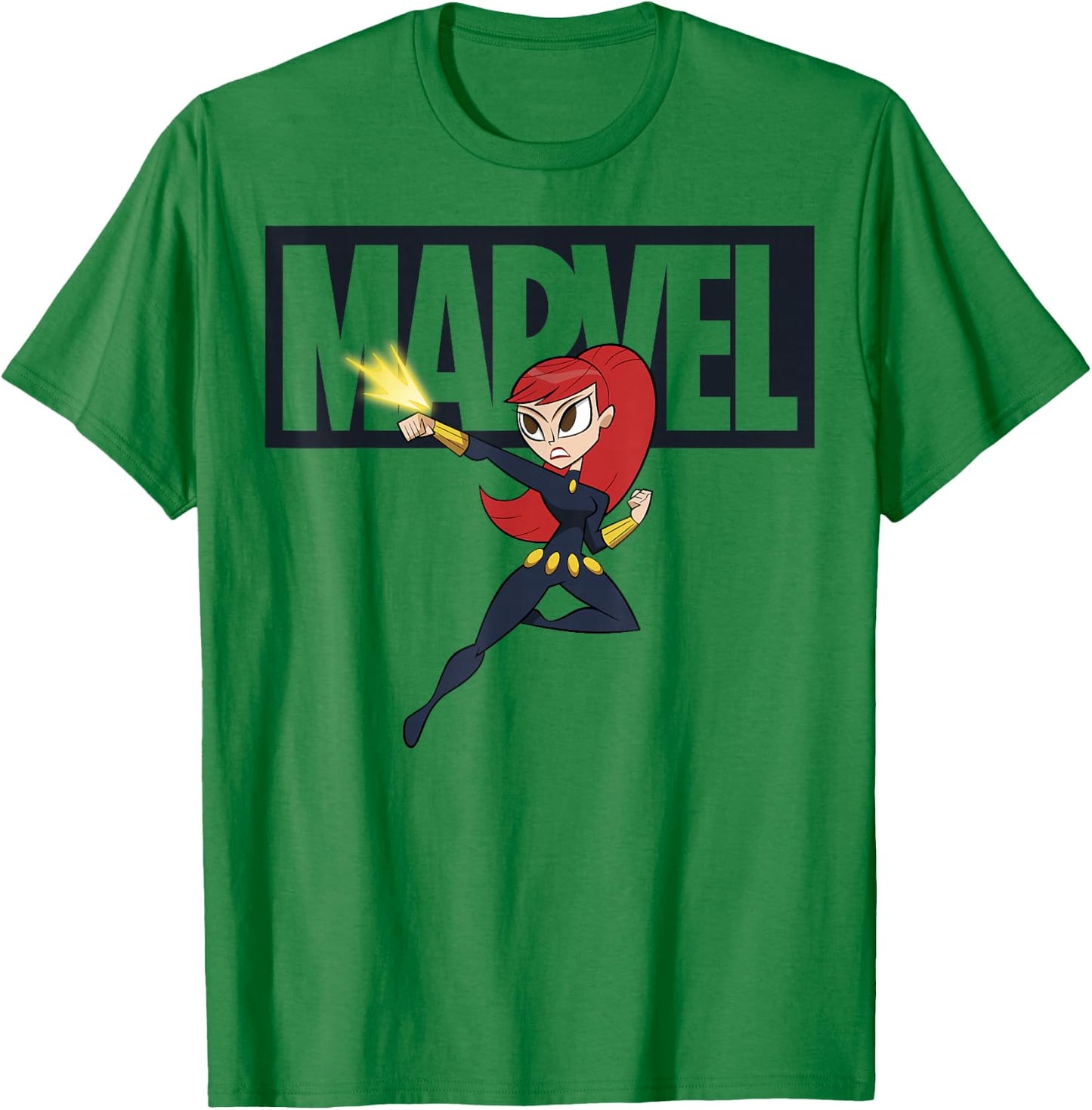 Marvel Black Widow Chibi Action Pose Logo Outline T-Shirt - T-Shirt | Irish Green