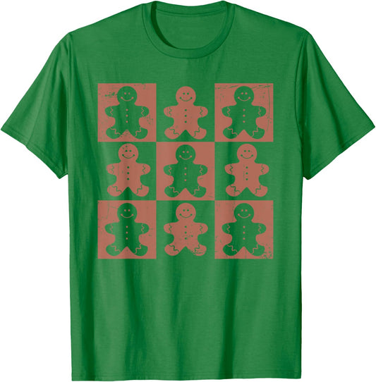 Vintage Christmas Gifts Women Men Gingerbread Retro Checkered Gingerbread Man Distressed Christmas Pajamas T-Shirt - T-Shirt | Irish Green