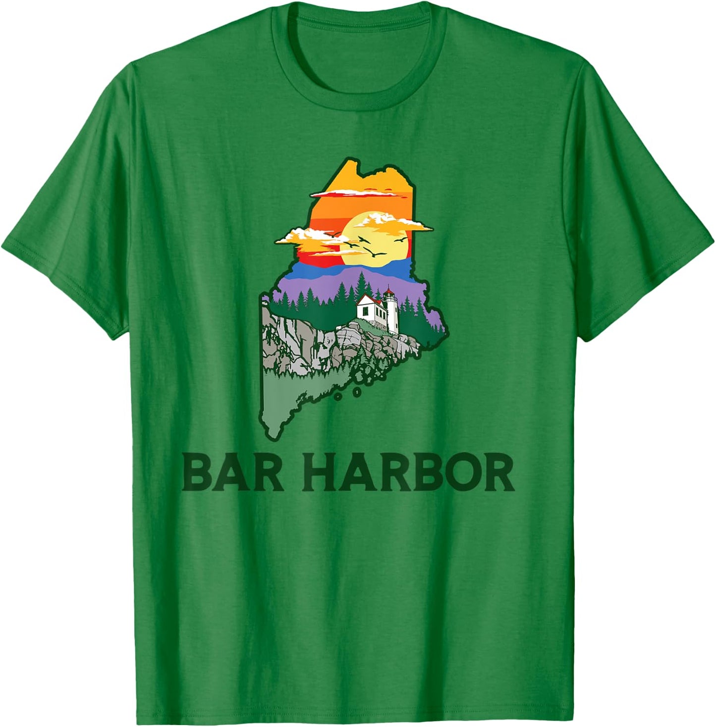 Retro Bar Harbor Maine Nature & Outside Illustrated Graphic T-Shirt - T-Shirt | Irish Green
