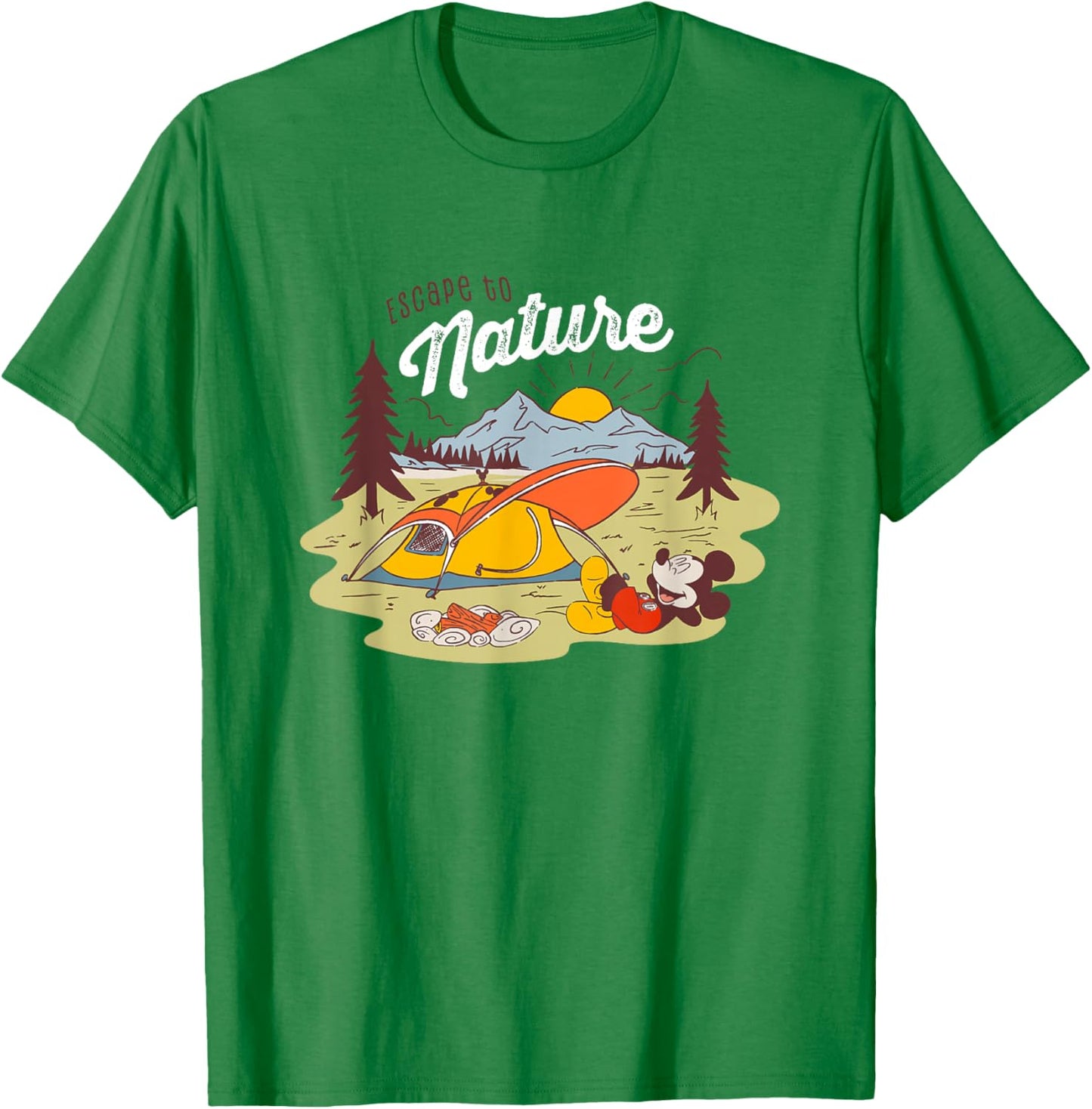 Disney Mickey And Friends Escape To Nature Retro Camping T-Shirt - T-Shirt | Irish Green
