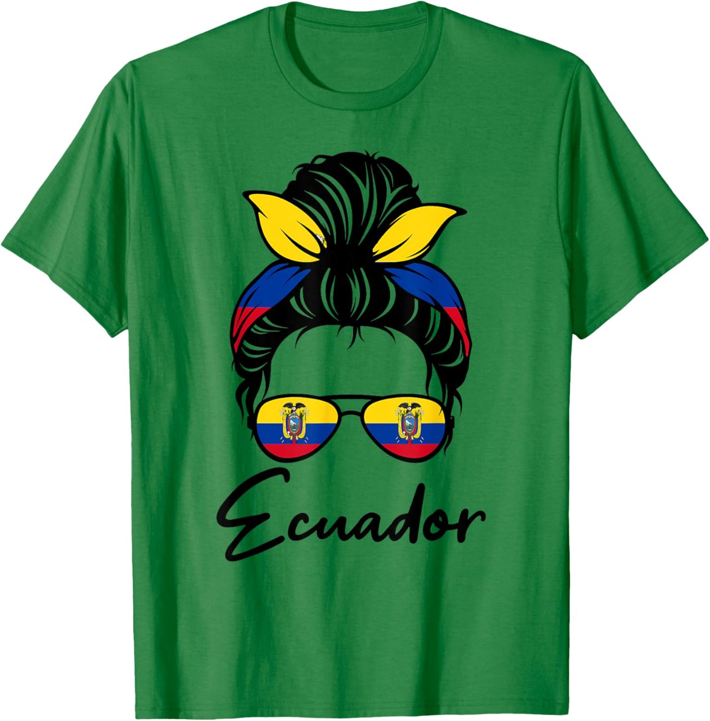 Ecuador Flag Messy Bun Patriotic Ecuadorian Wife Mom Girl T-Shirt - T-Shirt | Irish Green