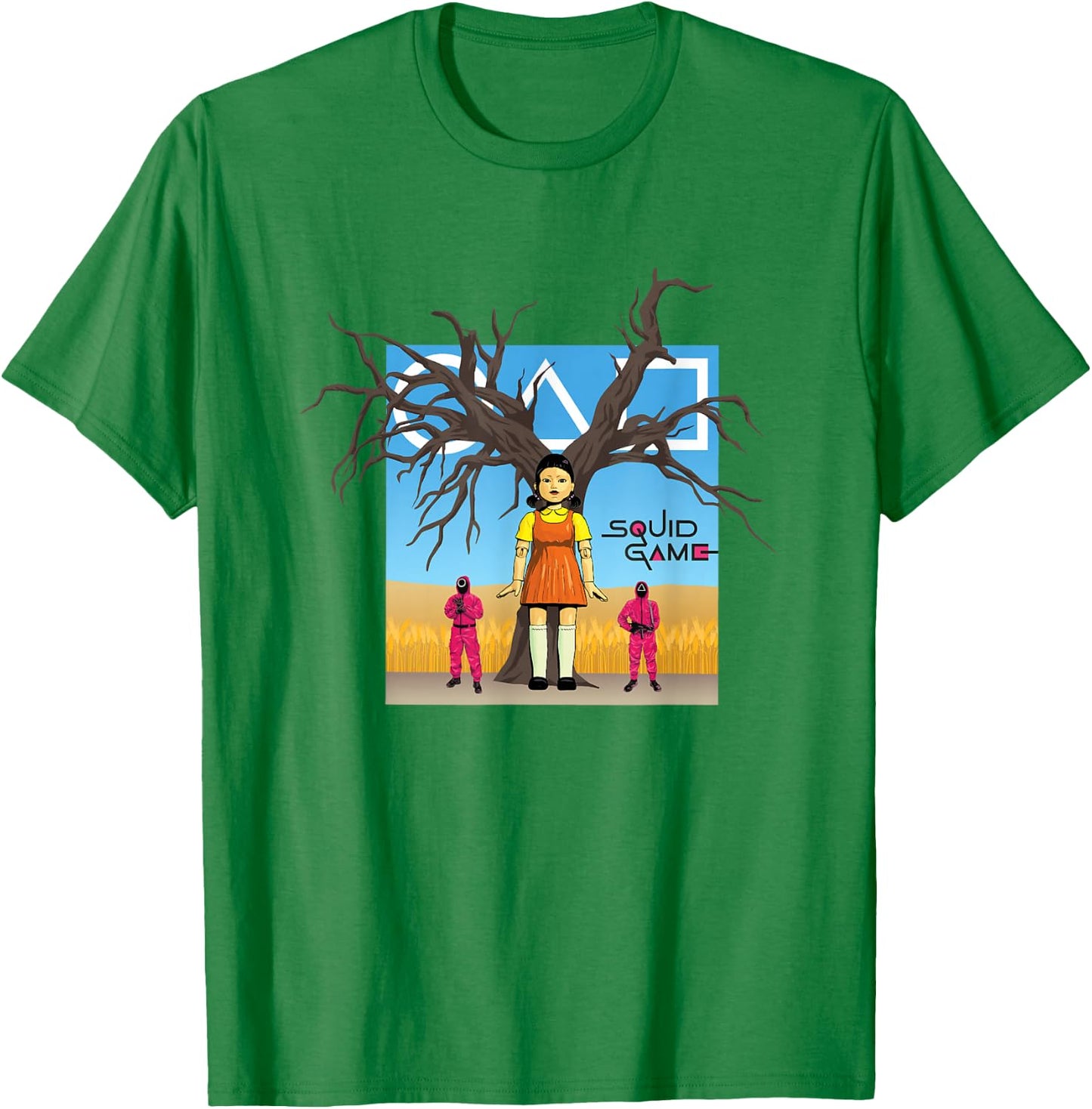 Squid Game 2 Doll & Guards In Red Light Green Light Field T-Shirt - T-Shirt | Irish Green