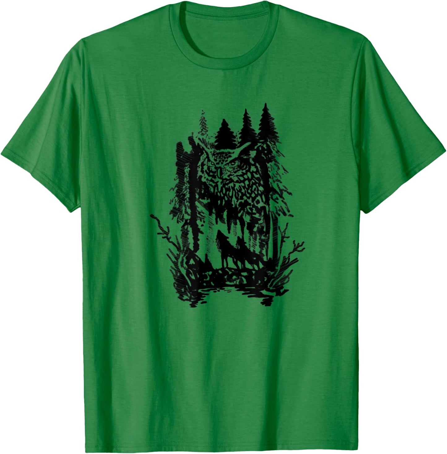 Beautiful harmony owls and wolves with forest design T-Shirt - T-Shirt | Irish Green