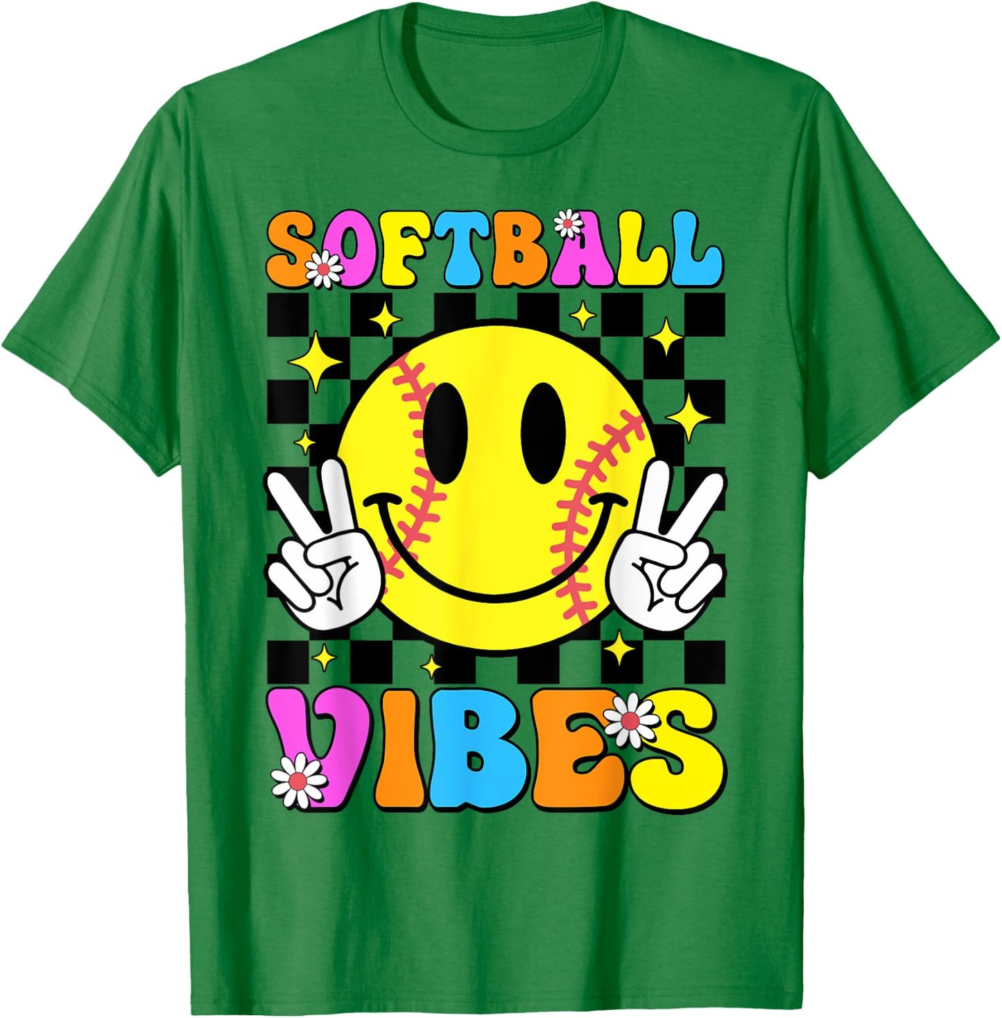 Groovy Softball Vibes Smile Face Checkered Girls Women T-Shirt - T-Shirt | Irish Green