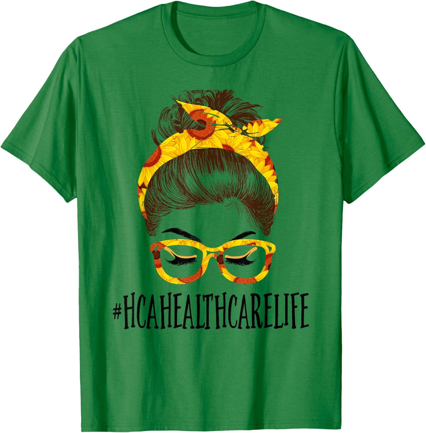 Messy Hair Bun HCA Healthcare Sunflowers Mothers Day T-Shirt - T-Shirt | Irish Green
