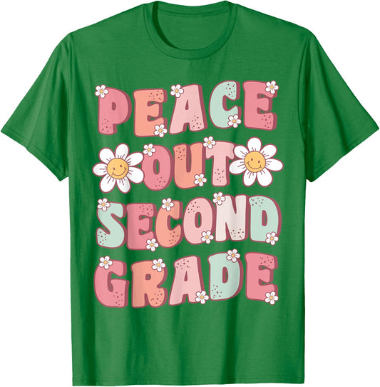Peace Out Second Grade Cute Groovy Last Day of 2nd Grade T-Shirt - T-Shirt | Irish Green