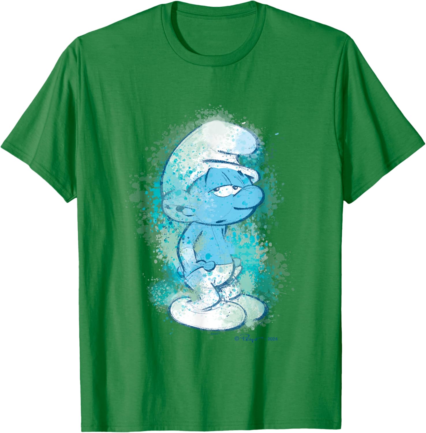The Smurfs Lazy Smurf Watercolor Portrait Distressed T-Shirt - T-Shirt | Irish Green