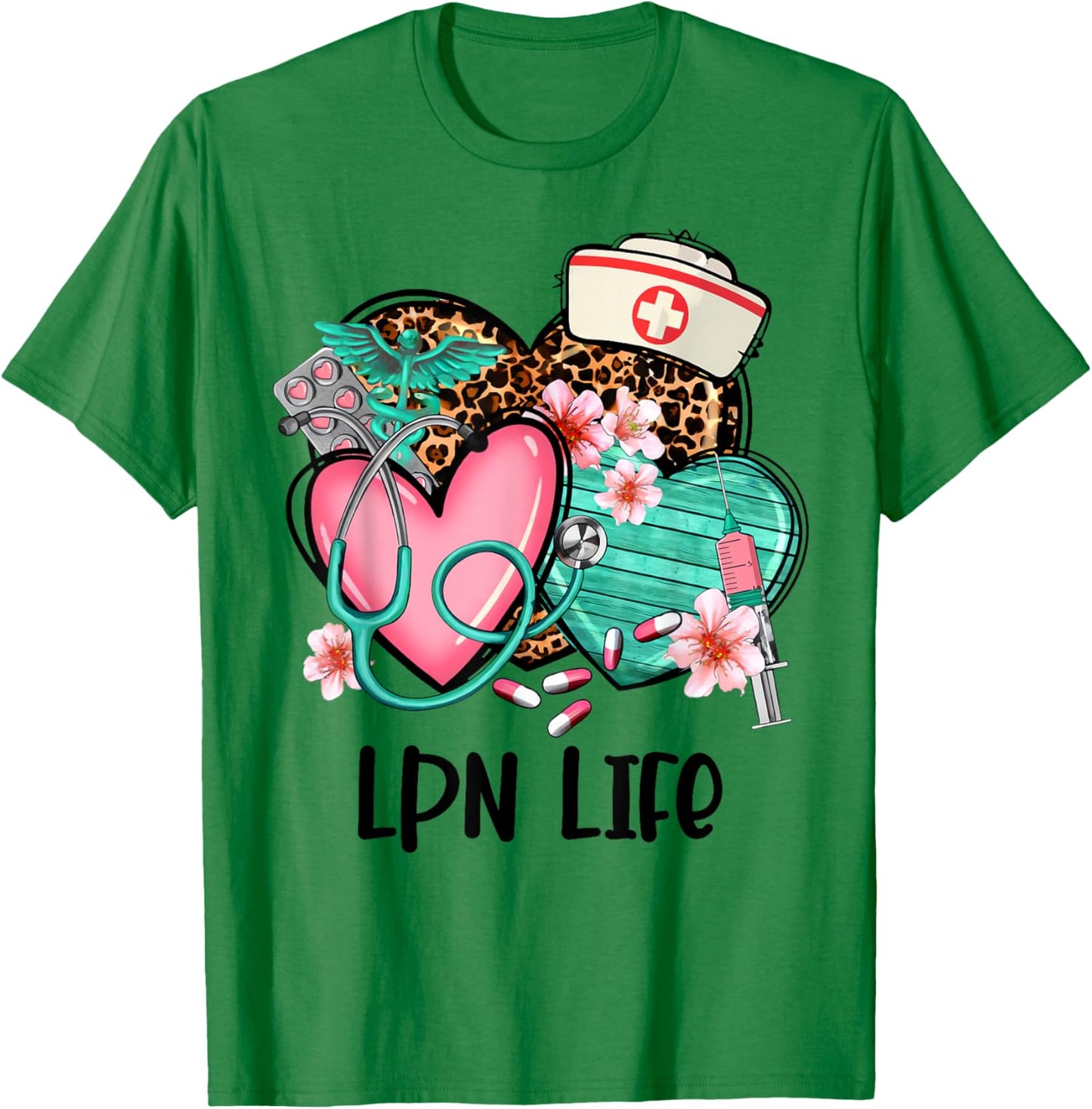 LPN Shirt Nurse Life Graphic Leopard Heart T-Shirt - T-Shirt | Irish Green