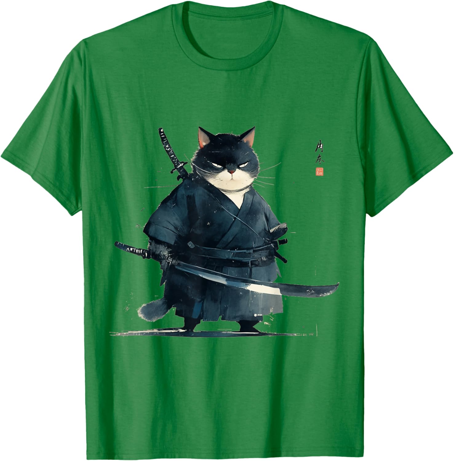 Japanese Art Cat Ninja Ukiyo-e Anime Style Samurai Cat T-Shirt - T-Shirt | Irish Green