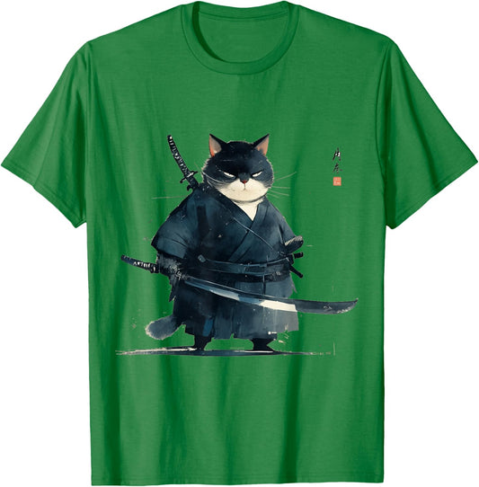 Japanese Art Cat Ninja Ukiyo-e Anime Style Samurai Cat T-Shirt - T-Shirt | Irish Green