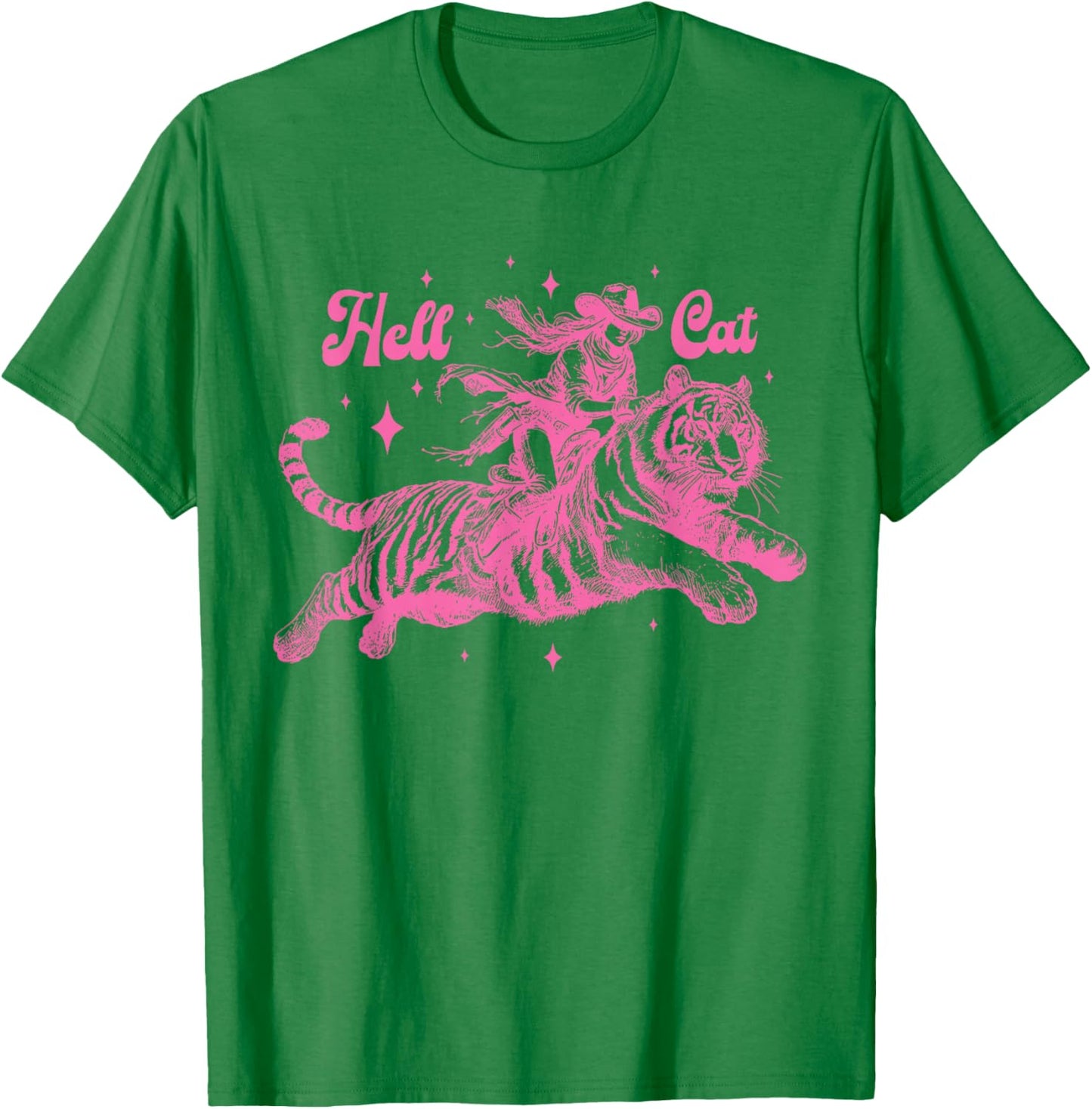 Hell Cat Cowgirl Riding Tiger Vintage T-Shirt - T-Shirt | Irish Green