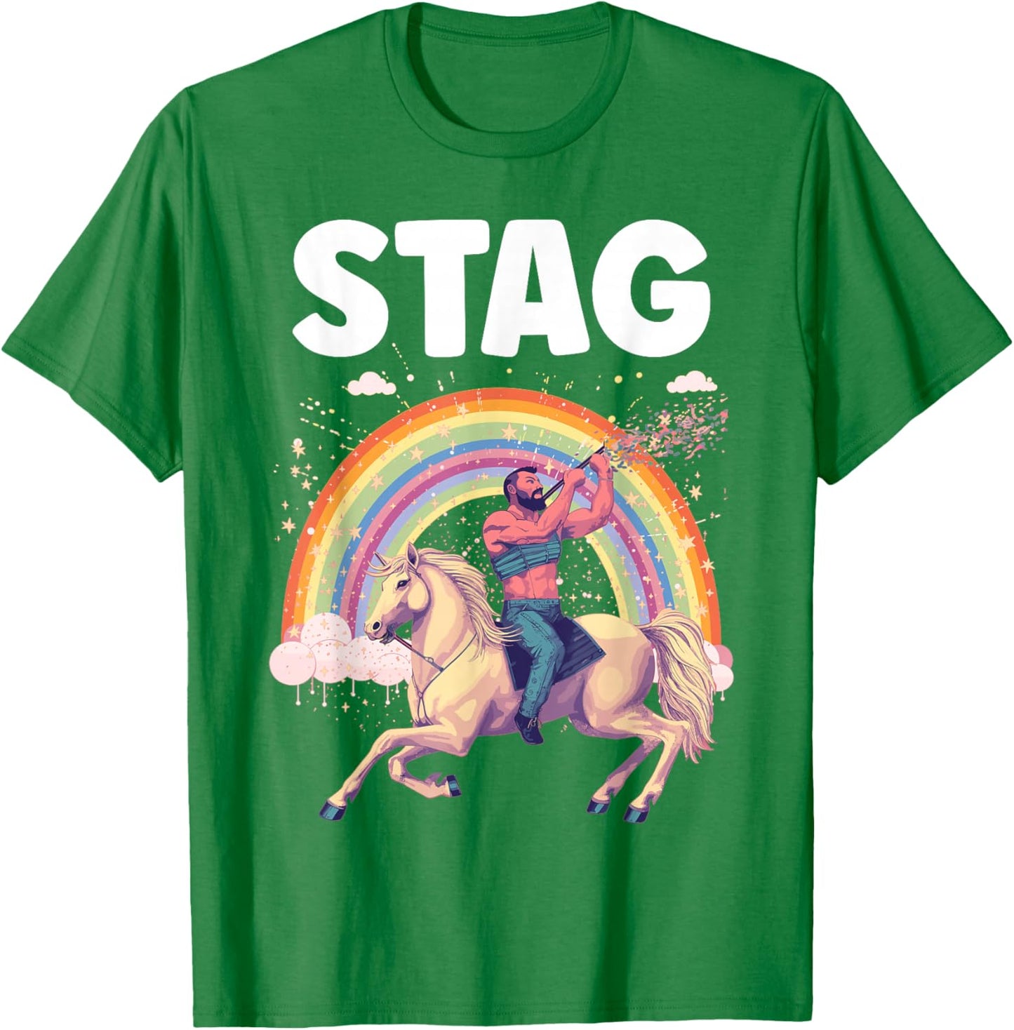 Funny Stag Do Pink Rainbow Man Riding A Horse Stag Costume T-Shirt - T-Shirt | Irish Green