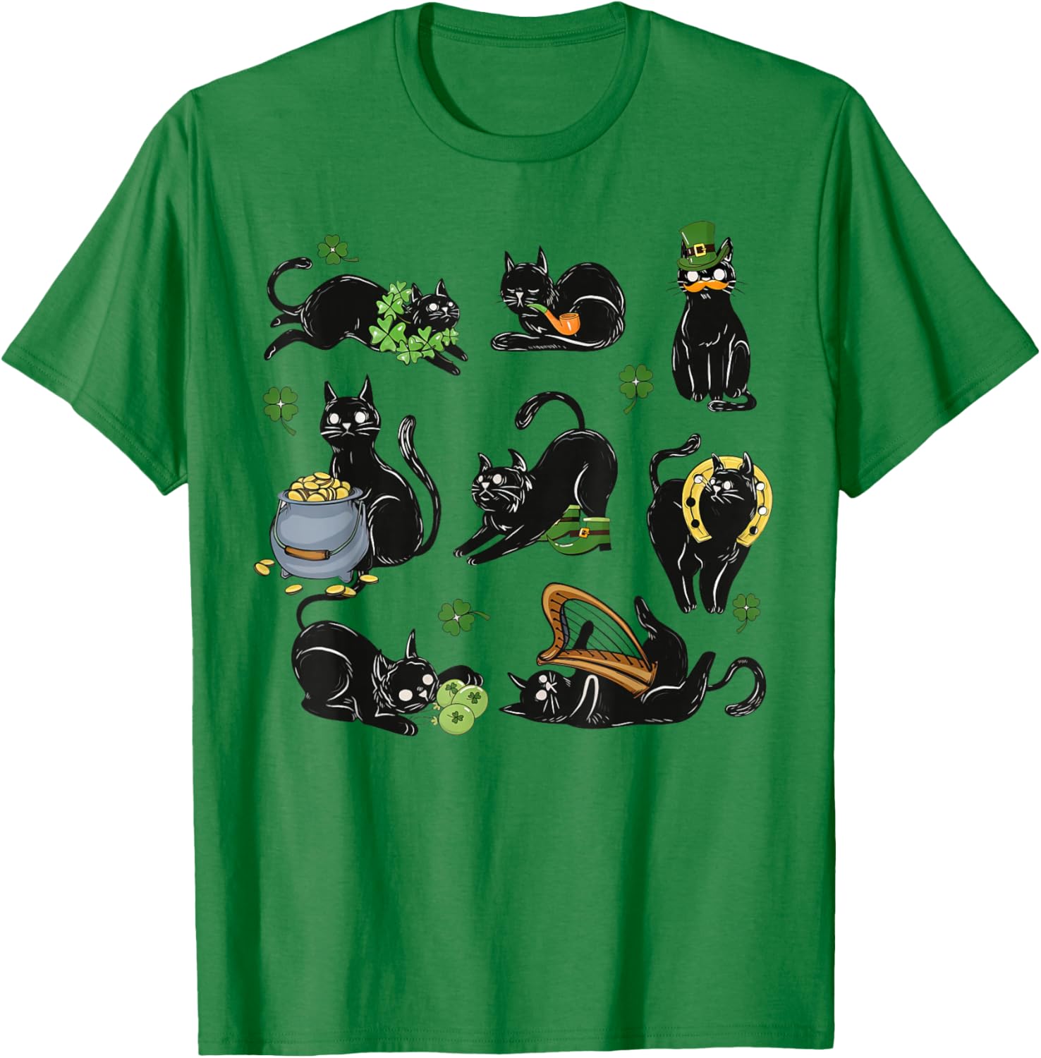 St Patrick's Day Shamrock Black Cat Irish Cats T-Shirt - T-Shirt | Irish Green