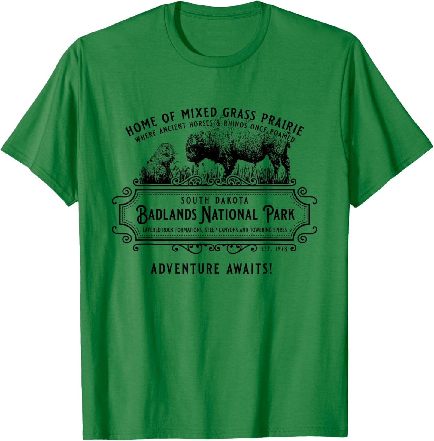 Badlands National Park South Dakota Bison Prairie Dog T-Shirt - T-Shirt | Irish Green