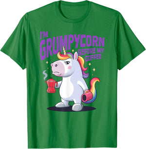 I'M GRUMPYCORN BEFORE MY COFFEE X Unicorn Angry with Coffee T-Shirt - T-Shirt | Irish Green