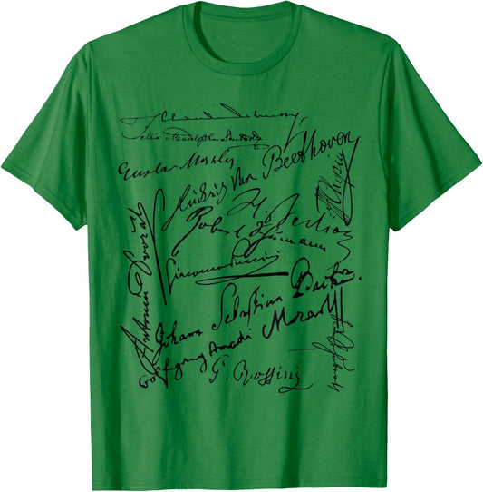 Composer signatures Bach Beethoven Mahler Mozart Rossini T-Shirt - T-Shirt | Irish Green