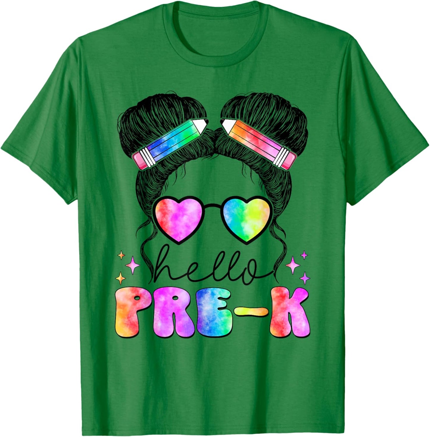 Messy Hair Bun Girl Back To School First Day Hello Pre K T-Shirt - T-Shirt | Irish Green