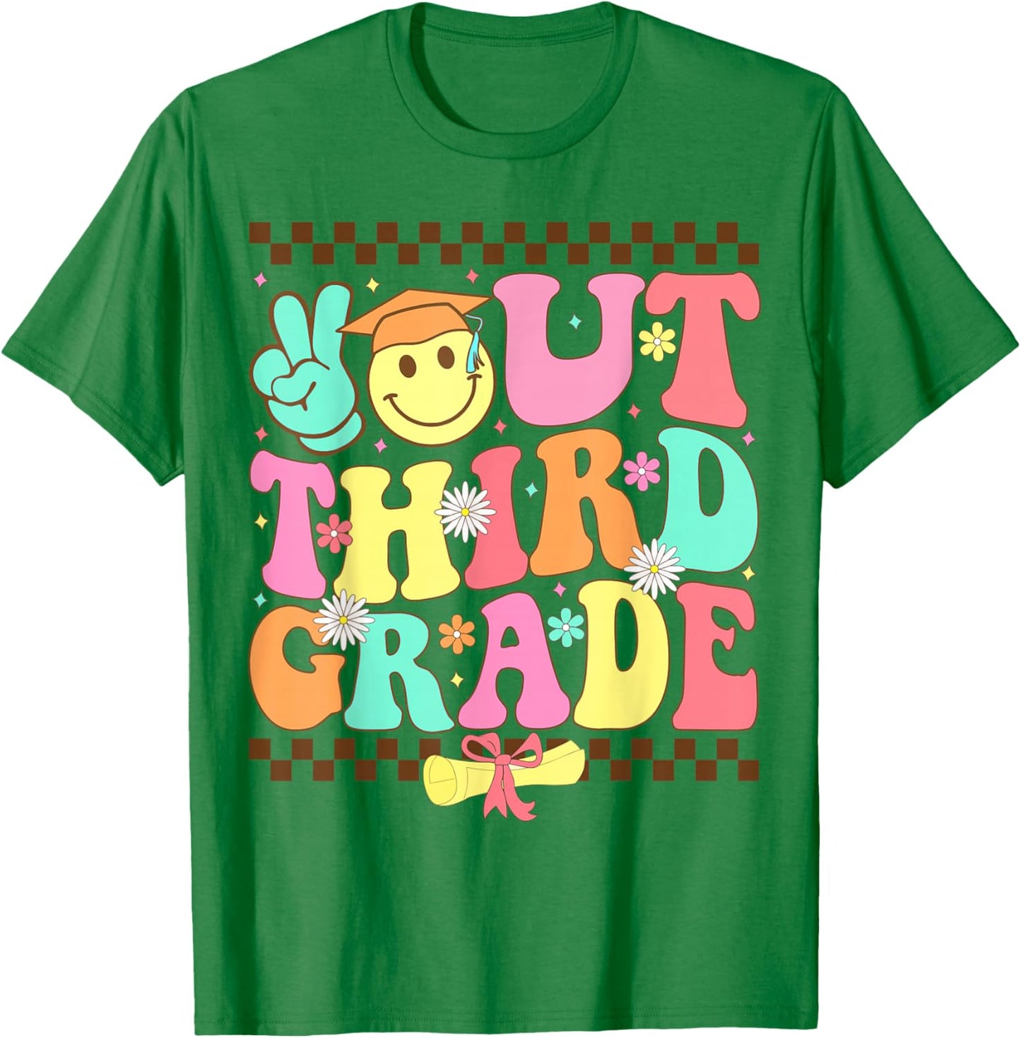 Peace Out Third Grade Last day of school Groovy 3rd Grade T-Shirt - T-Shirt | Irish Green