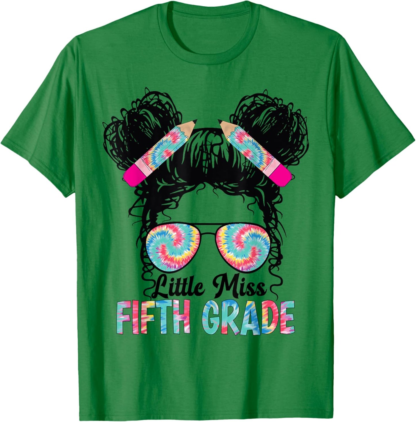 Little Miss Fifth 5th Grade Girls Back To School Messy Bun T-Shirt - T-Shirt | Irish Green