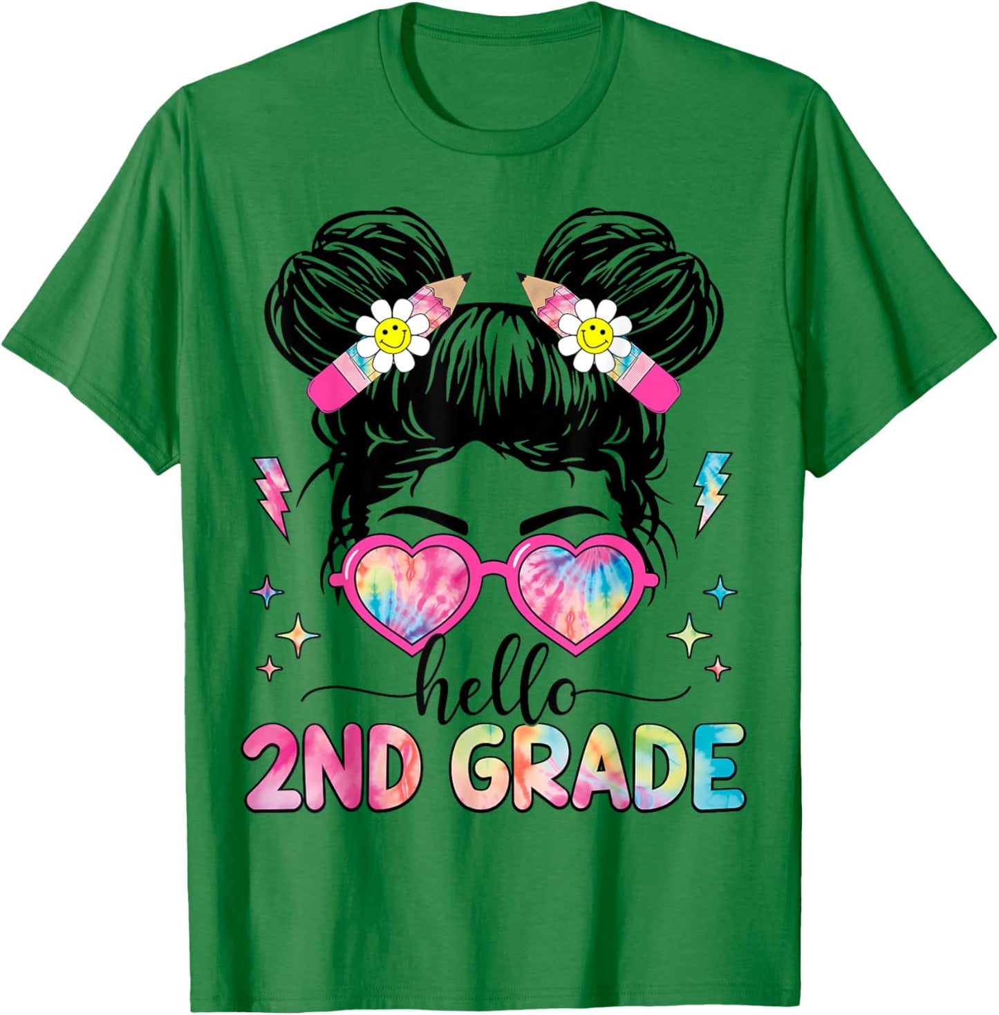 Hello 2nd Grade Messy Bun Girl Back To School First Day T-Shirt - T-Shirt | Irish Green