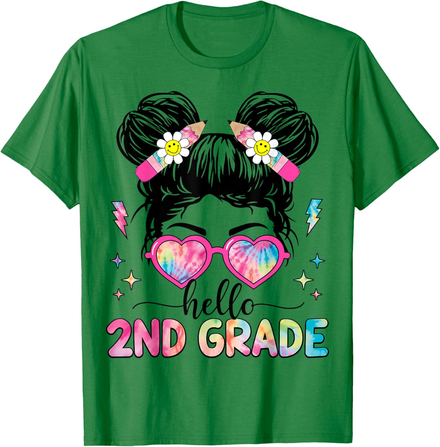 Hello 2nd Grade Messy Bun Girl Back To School First Day T-Shirt - T-Shirt | Irish Green