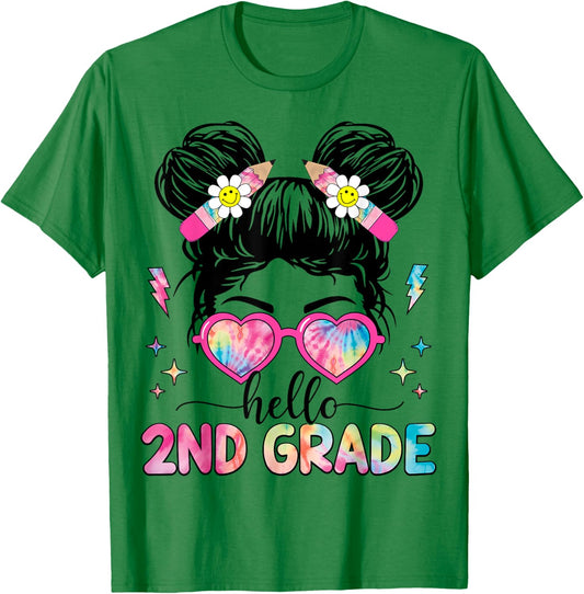 Hello 2nd Grade Messy Bun Girl Back To School First Day T-Shirt - T-Shirt | Irish Green
