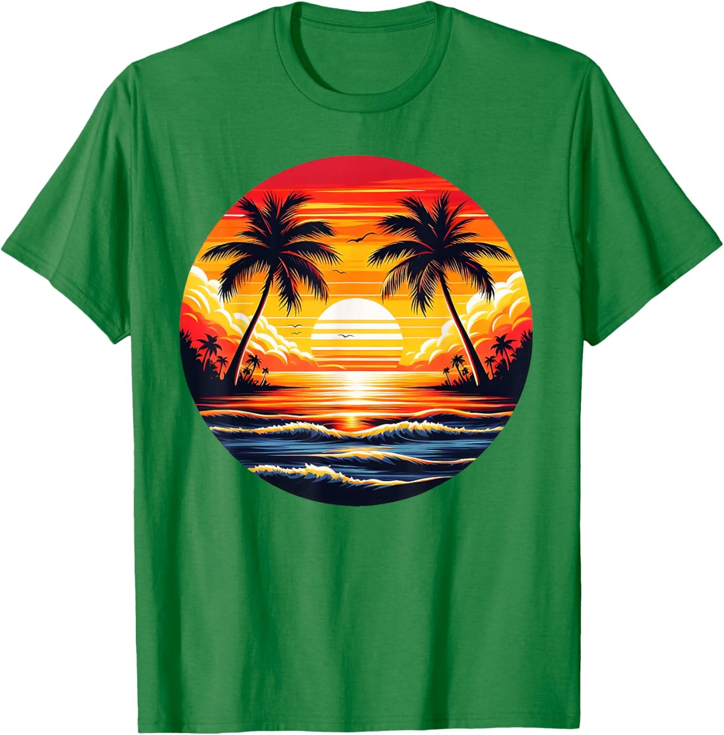Vintage Beach Sunset Palm Tree 70s 80s Summer Vacation Retro T-Shirt - T-Shirt | Irish Green