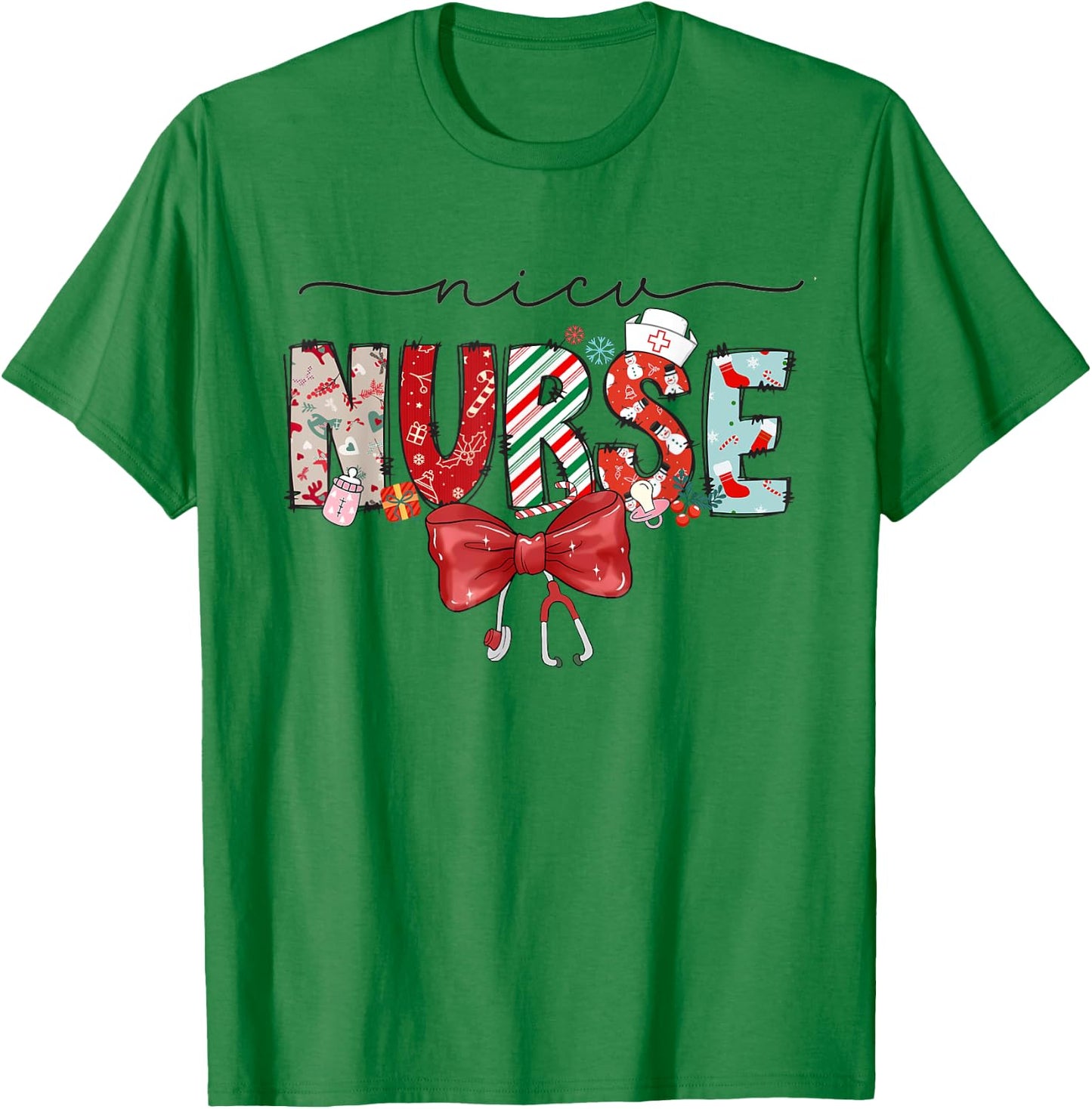 NICU Nurse Christmas Coquette Bow Holiday NICU Crew Team T-Shirt - T-Shirt | Irish Green