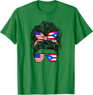 Half American And Puerto Rican Rico Flag Mix Girl Boricua T-Shirt - T-Shirt | Irish Green