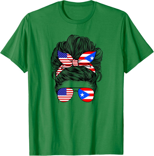 Half American And Puerto Rican Rico Flag Mix Girl Boricua T-Shirt - T-Shirt | Irish Green
