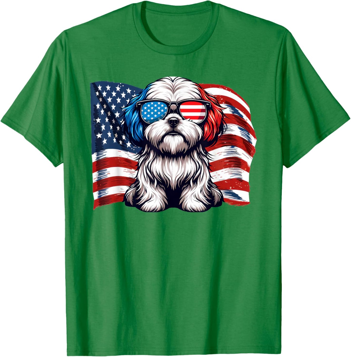Cute Lhasa Apso USA Flag Sunglasses Patriotic American Pride T-Shirt - T-Shirt | Irish Green