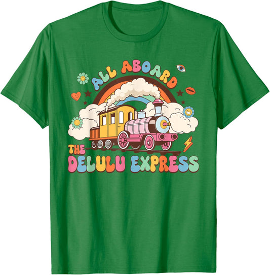 All Aboard The Delulu Express Funny Train Vintage T-Shirt - T-Shirt | Irish Green