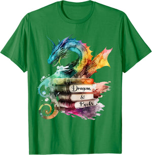 Dragons and Books Watercolor Fantasy Dragon Lover Theme T-Shirt - T-Shirt | Irish Green